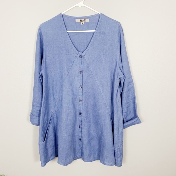 Flax Tops - FLAX Blue Button Down Long Sleeve Top